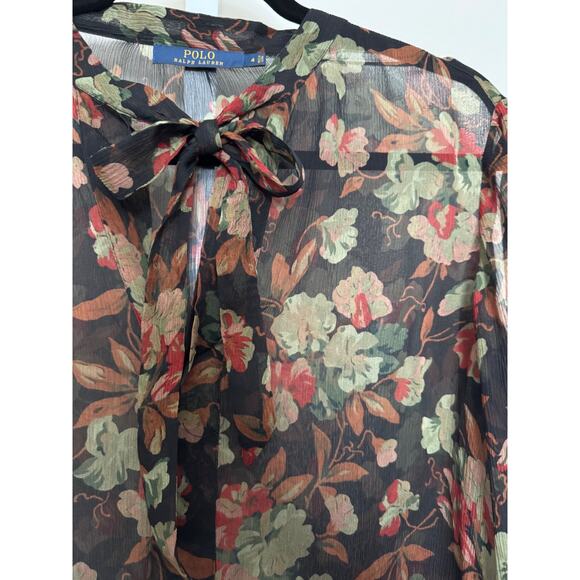 Polo Ralph Lauren Floral Silk Blouse Sheer Chiffon Tunic Length Tie Neck Size 4 - Picture 3 of 11
